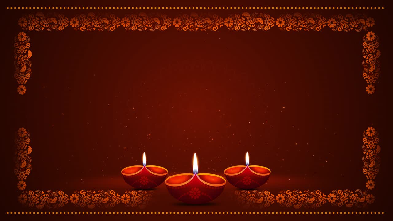 Pohyblivá grafika šťastného Diwali, indický festival, zapálené olejové lampy diya, rangoli, hinduistická tradice, prostor pro text.
