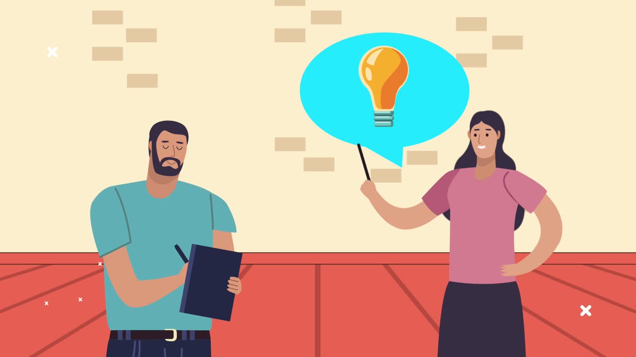 pareja de trabajadores con bombilla y lista de comprobación