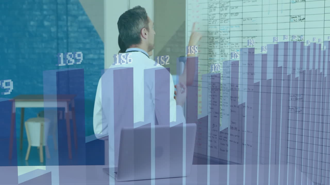 Animation of financial data processing over diverse doctors discussing work in hospital