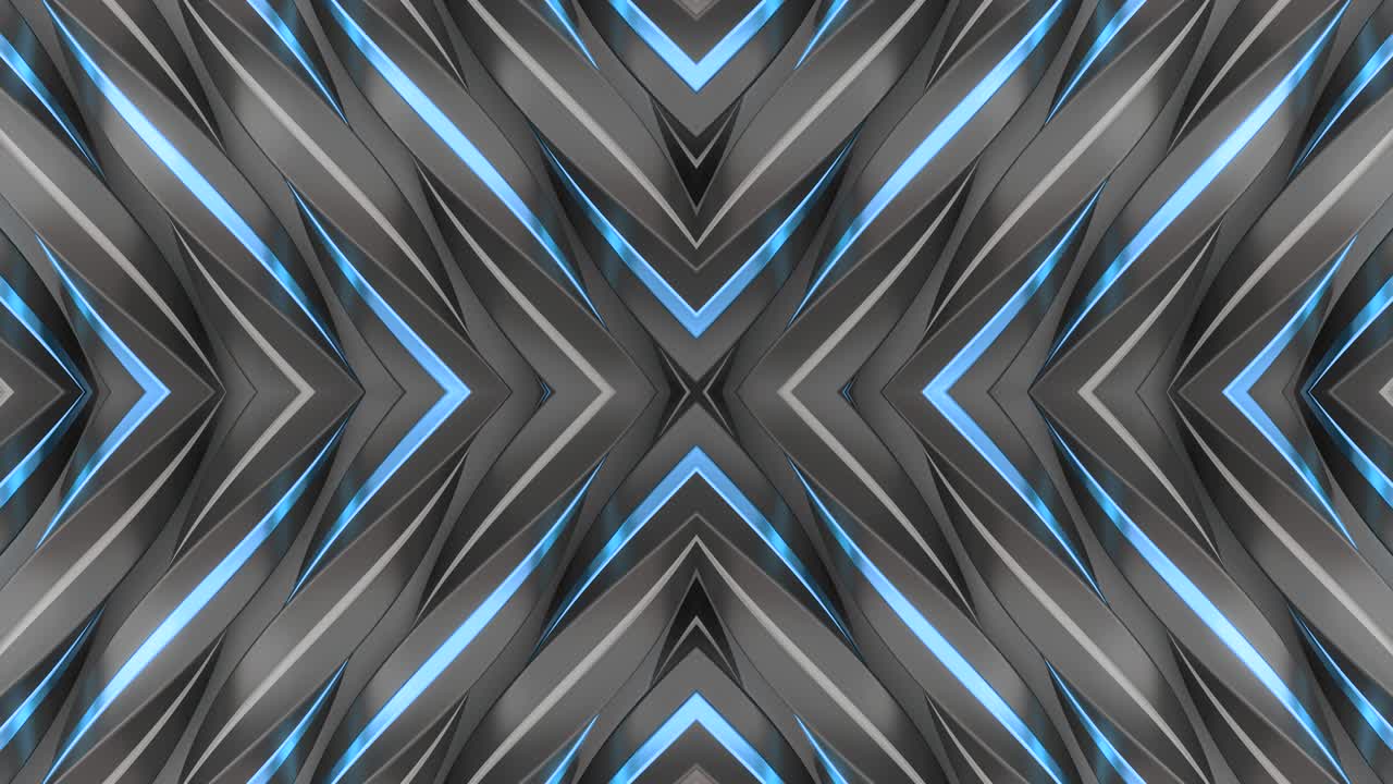 patrón hipnótico con reflejo de espejo. animación. líneas metálicas y de neón se mueven lentamente, reflejándose entre sí desde el centro. patrón de espejo simétrico para confort calmante