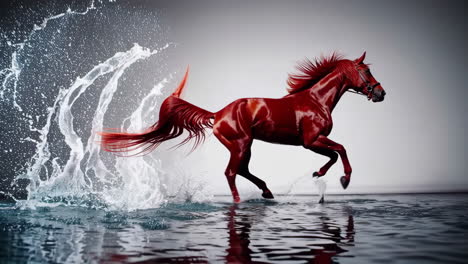 red horse running through water