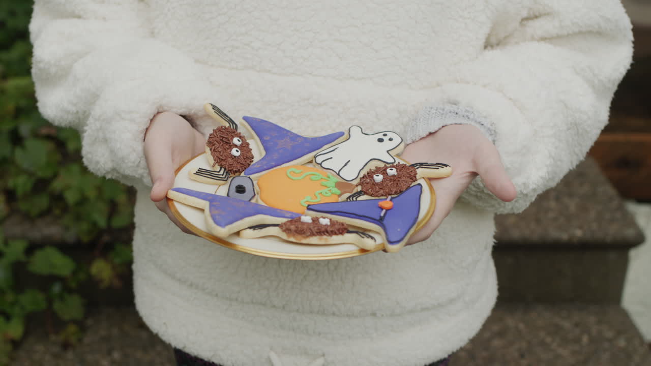 Girl holding a plate of handmade Halloween cookies