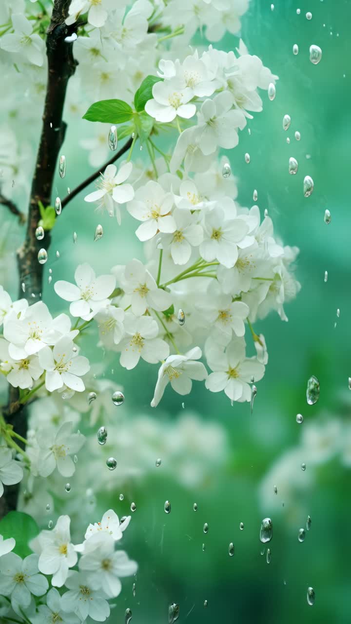 Close-up video of white blossoms with raindrops, captured from a side angle, evokes tranquility