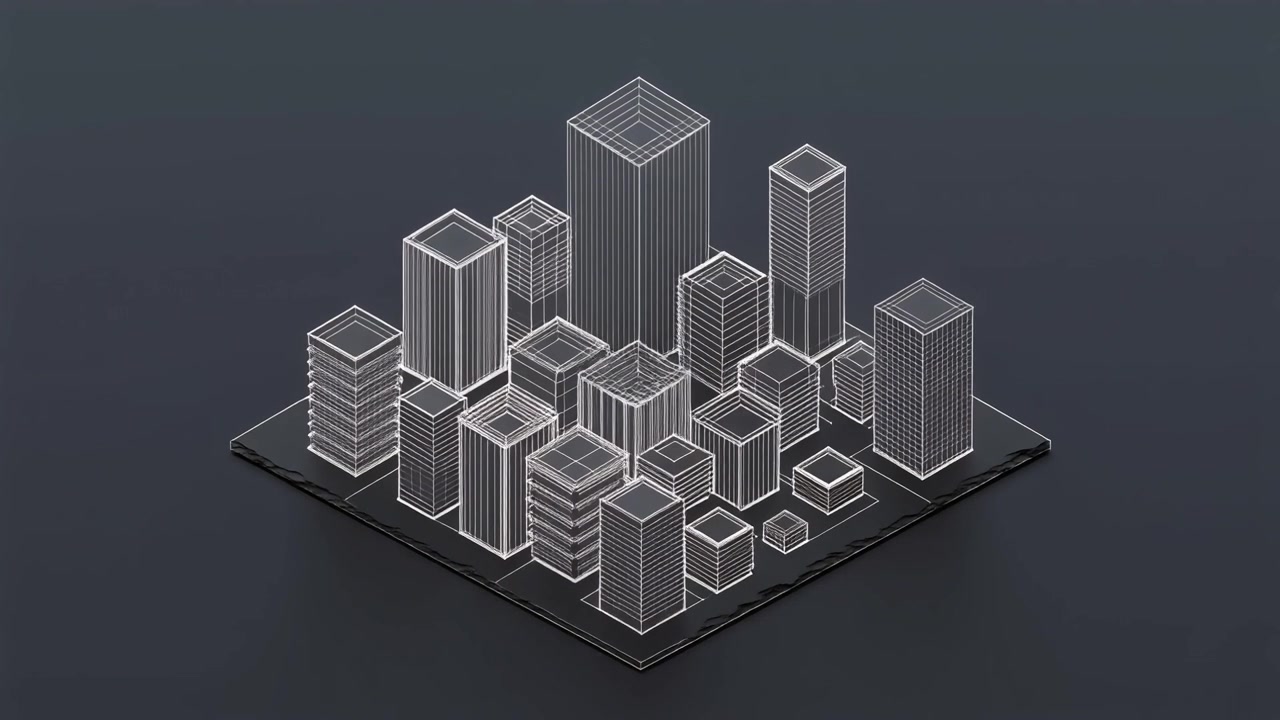 Città Digitale Wireframe in Crescita su una Piattaforma Scura