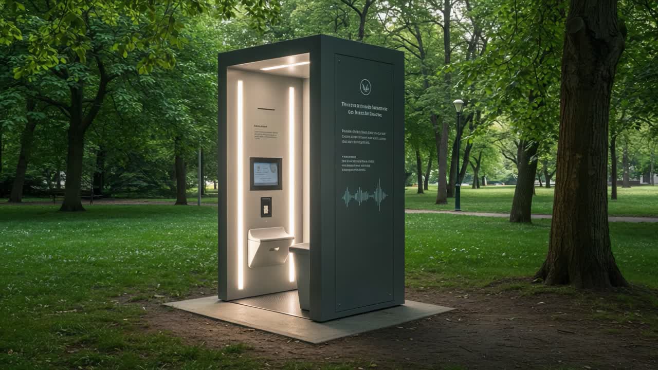 Modern Interactive Information Kiosk Surrounded by Lush Greenery in a Park, Showcasing User-Friendly Design and Technology for Visitors and Passersby