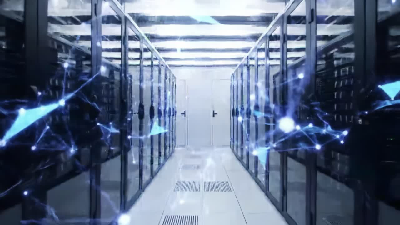 Rows of server racks are organized in a high-tech environment. The space is illuminated with bright lights, showcasing the intricate setup used for data processing and storage.