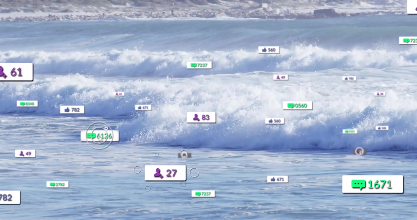 Onde che si infrangono generando bolle di chat e badge di follower che fluttuano con conteggi in aumento e poi stabilizzandosi.
