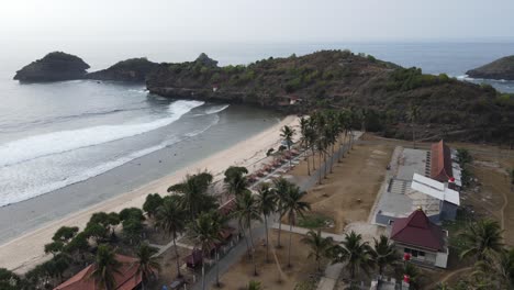 Beautiful-morning-aerial-view-of-Klayar-beach,-Pacitan,-Indonesia