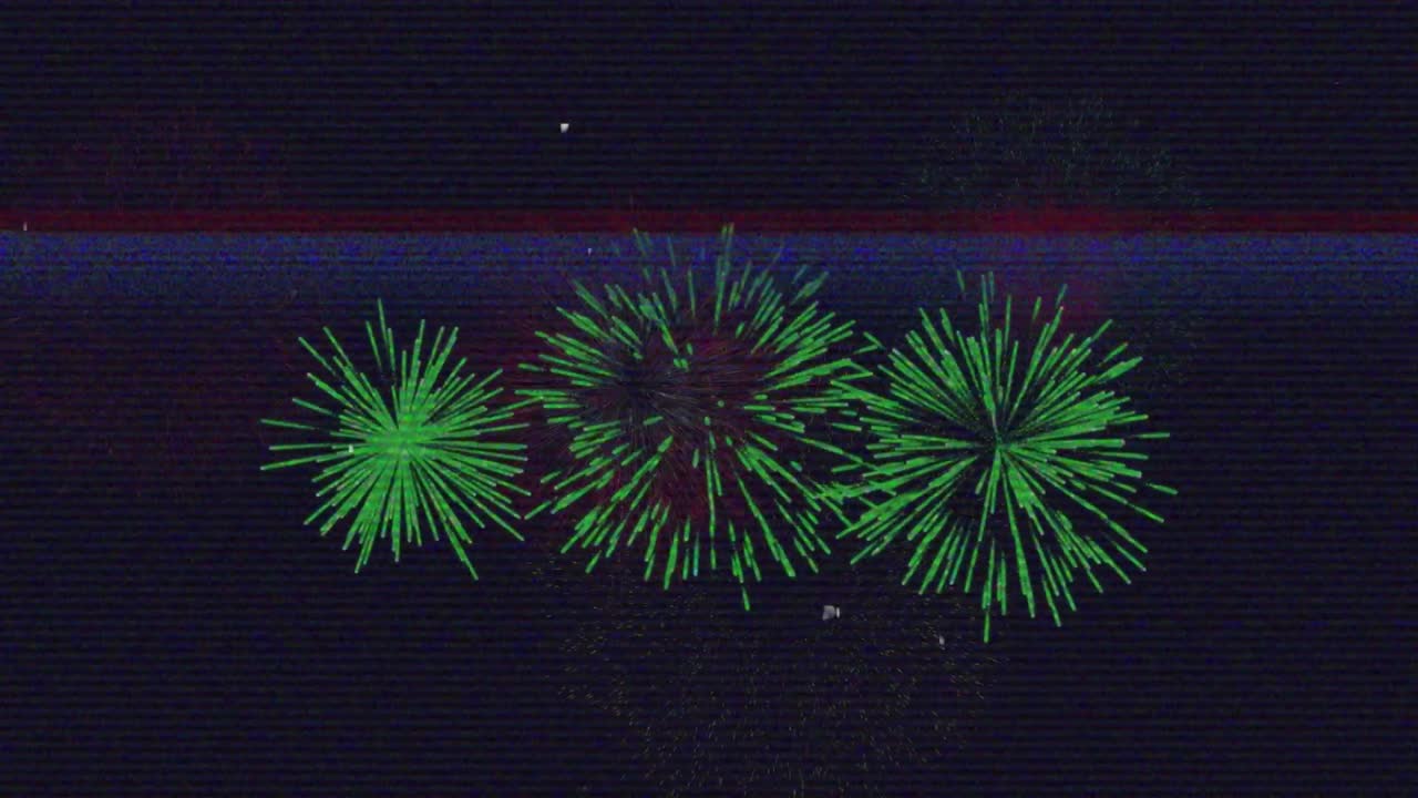 검은 바탕에 폭발하는 다채로운 불꽃놀이에 대한 오류 효과의 애니메이션