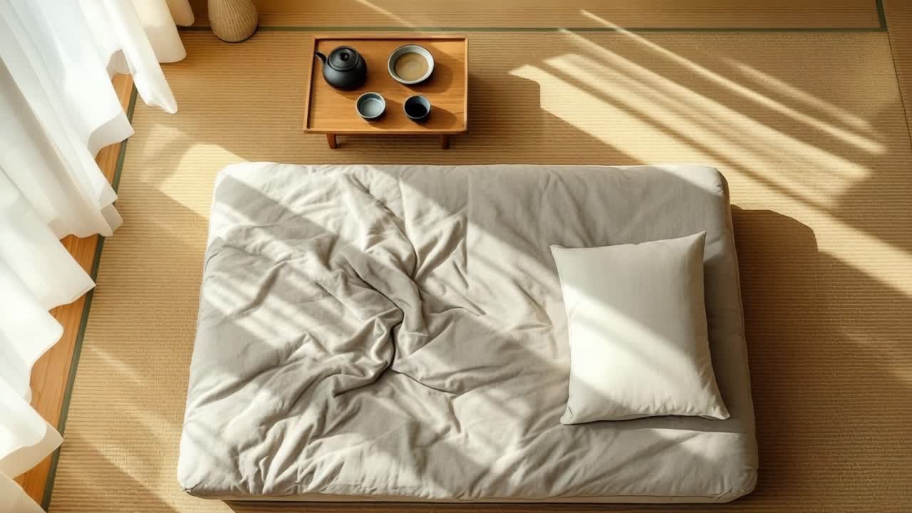 Soft sunlight streaming across wooden floored japanese interior, highlighting tatami mat, folded futon, ceramic tea vessels in serene minimalist setting