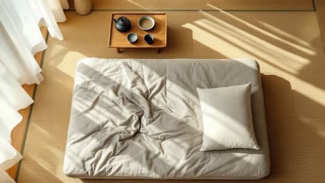 soft sunlight streaming across wooden floored japanese interior, highlighting tatami mat, folded futon, ceramic tea vessels in serene minimalist setting