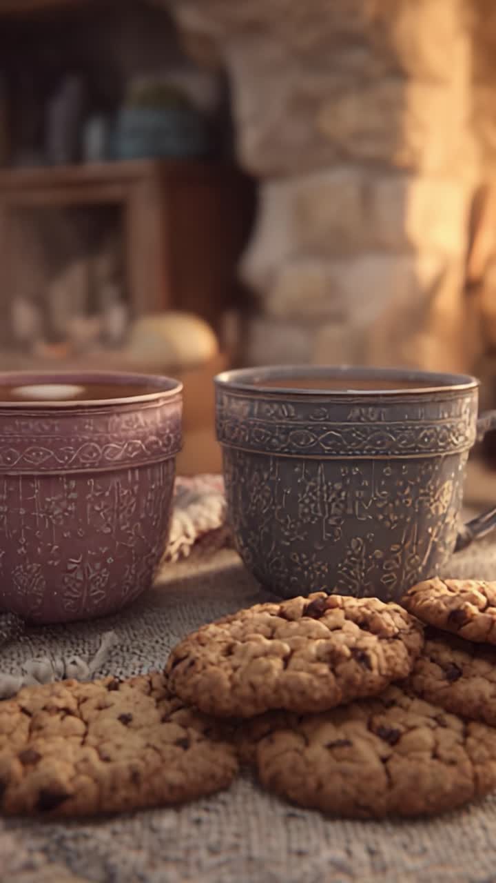 Biscotti caldi e tazze accoglienti: un momento sereno di indulgenza accanto al fuoco, che cattura perfettamente l'essenza del comfort e della convivialità.