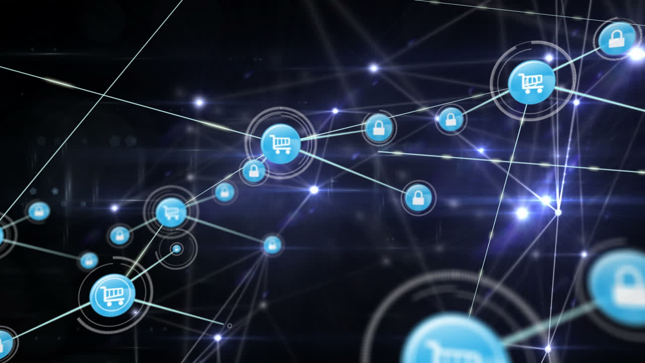 animación de redes de conexiones con iconos en fondo negro