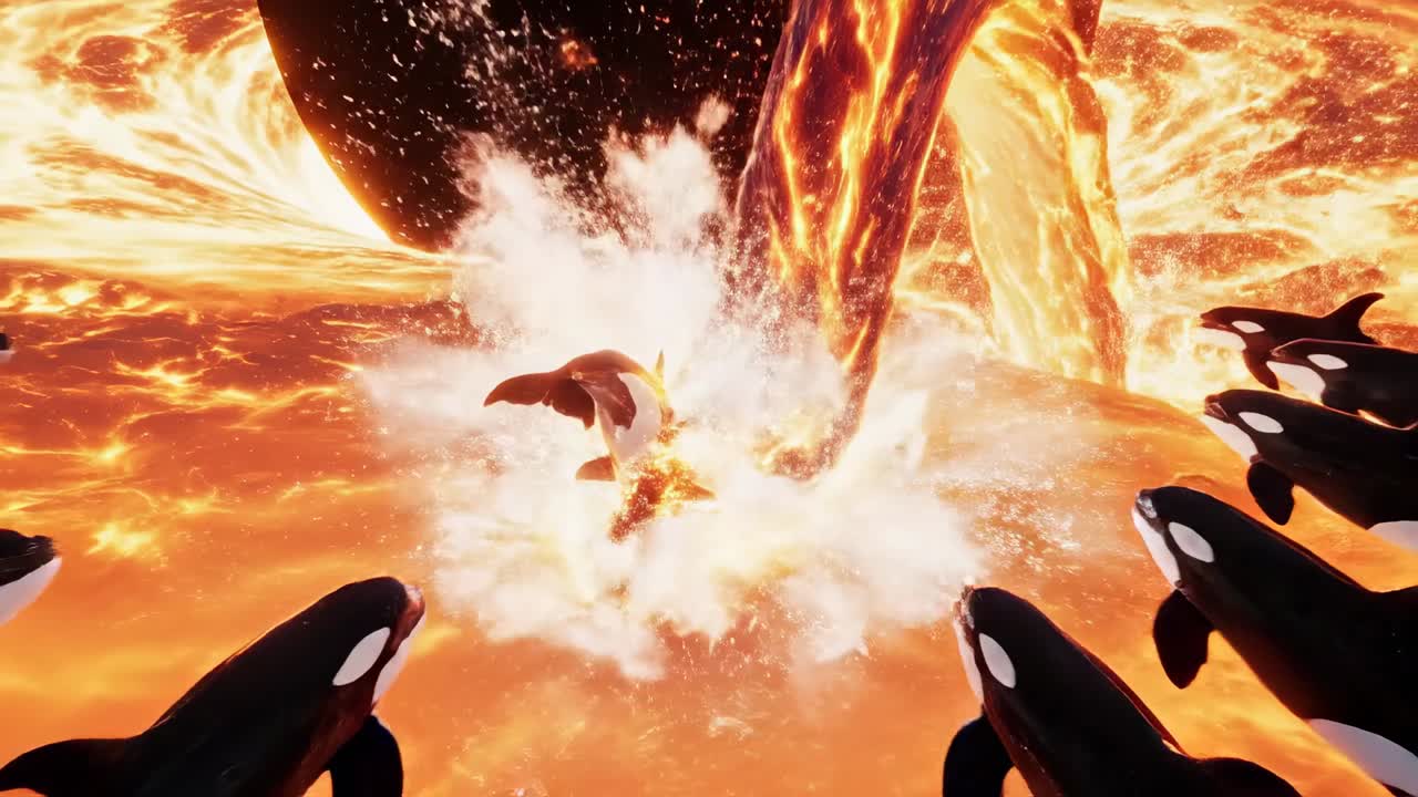 Orche che nuotano in un oceano cosmico infuocato vicino a un buco nero