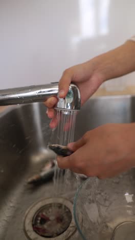 washing fresh fish in a kitchen sink