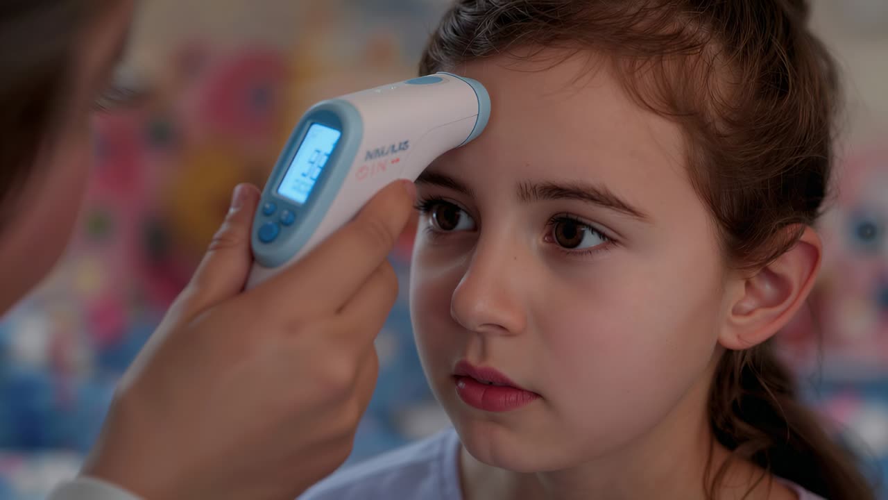 Thermometer nearing, adult hand taking girl's forehead temp in light top at home with IR display