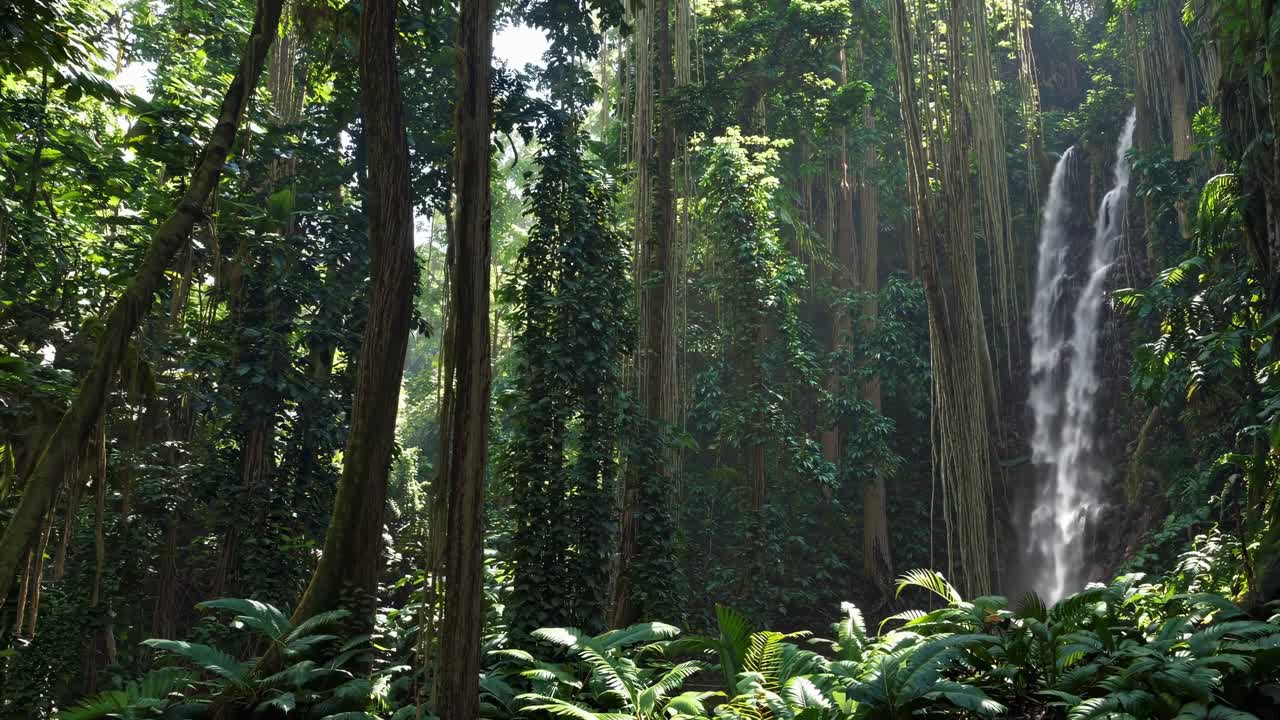 Rigoglioso paesaggio della giungla con una cascata impetuosa, catturato da una angolazione bassa, per creare un'esperienza immersiva