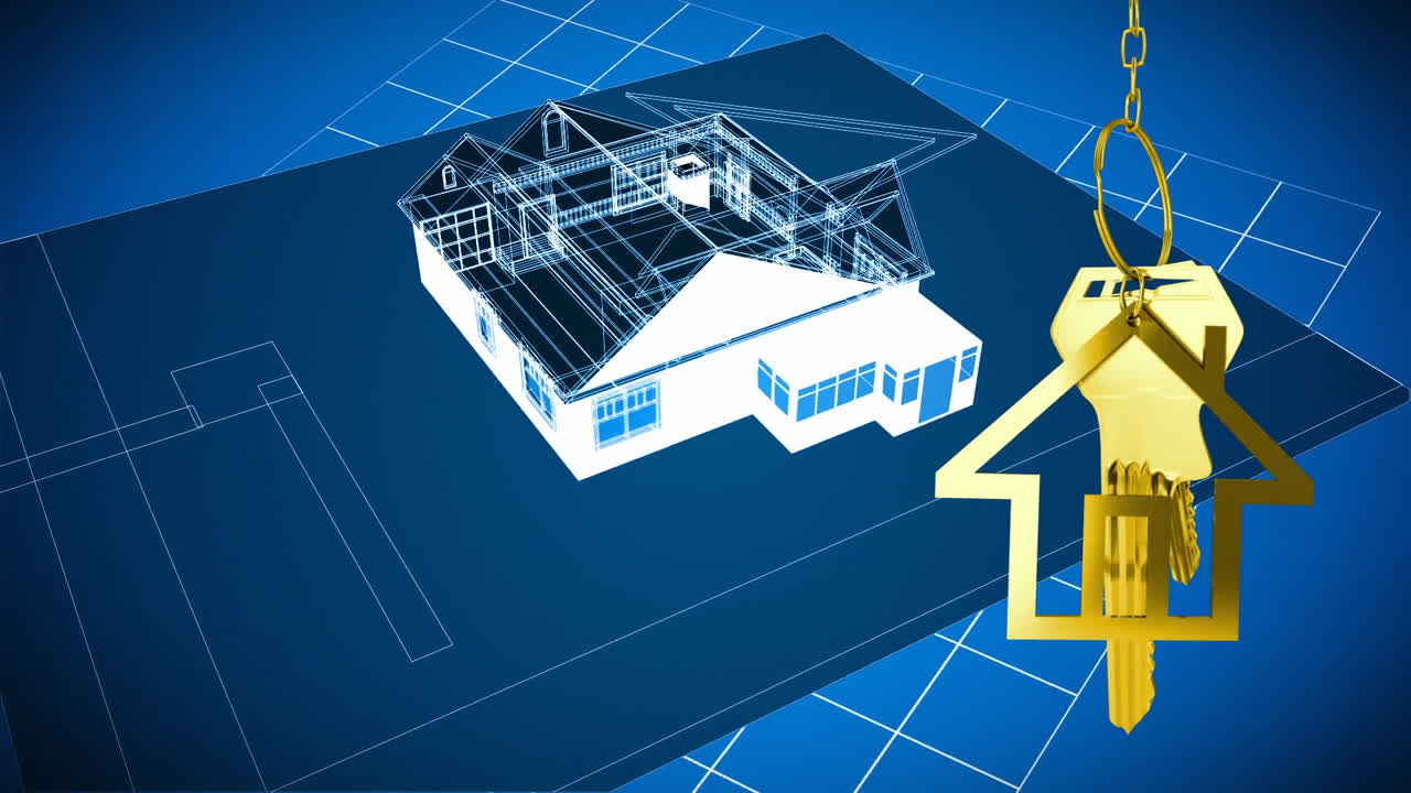 뒷면에 3d 집 그림 위에 매달린 집 키와 키