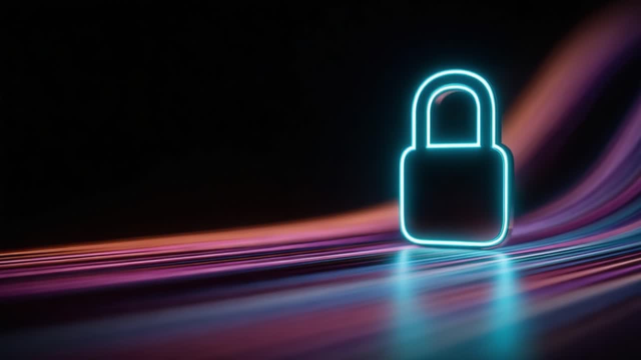 Illuminated Padlock Surrounded by Dynamic Light Waves, Symbolizing Security and Protection in a Digital Realm
