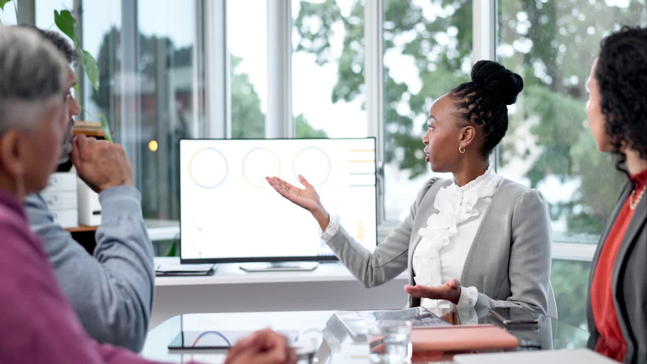 Computer, presentation and black woman in office
