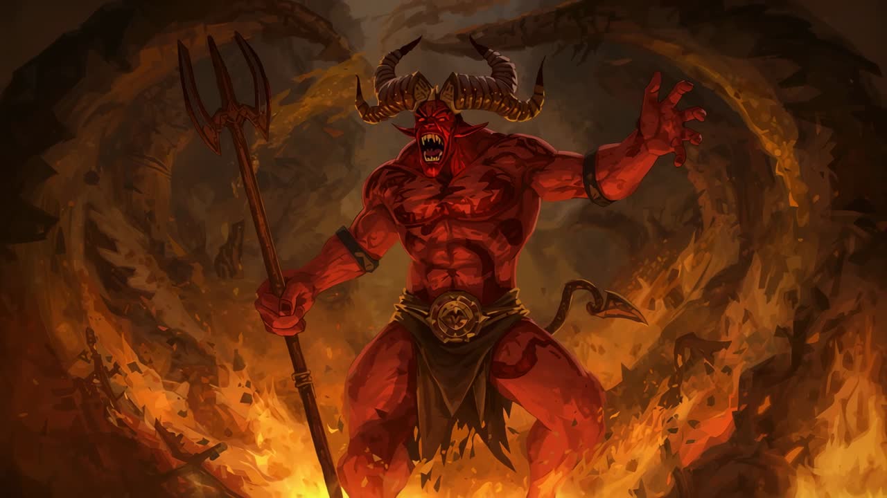Swirling fire vortex summoning red-skinned demon stepping on cracked cavern floor, wielding trident