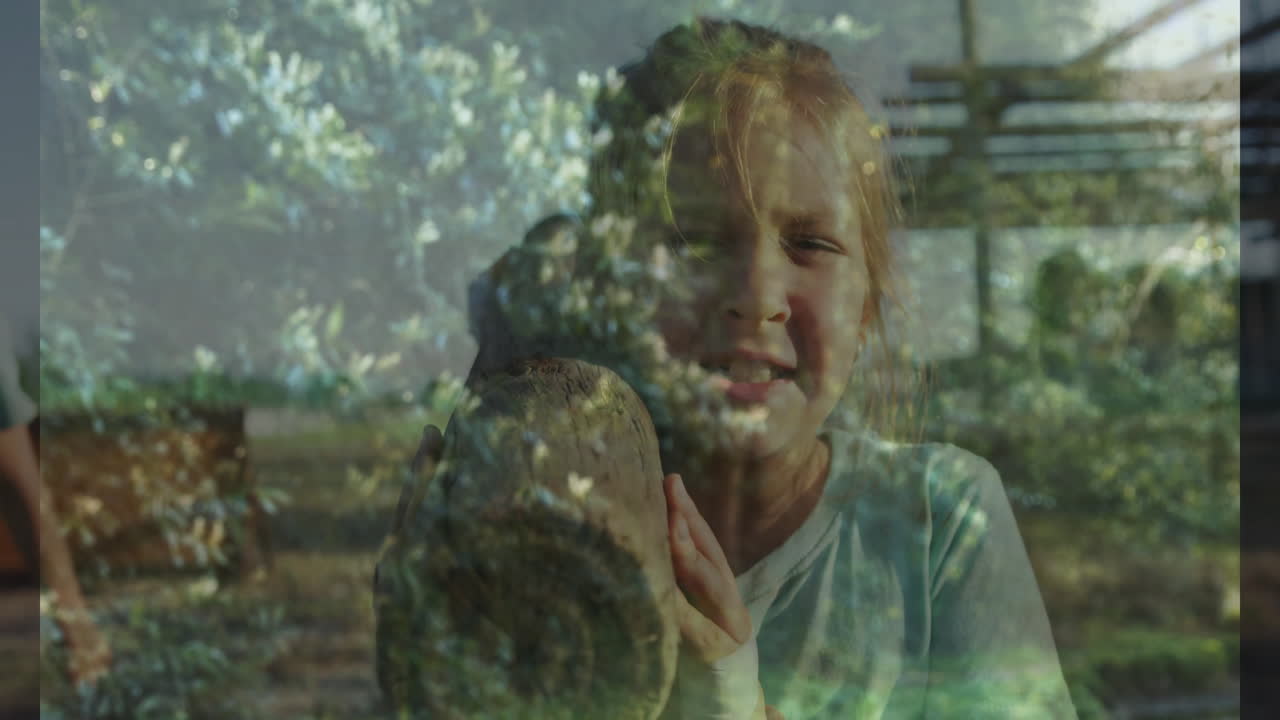 Holding tree trunk, child with animation of nature scene in school background
