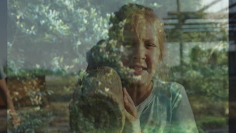 holding tree trunk, child with animation of nature scene in school background