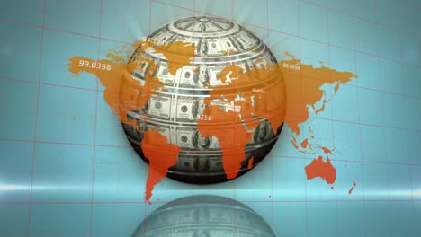 Animation-of-globe-formed-with-american-dollar-bills-and-financial-data-processing