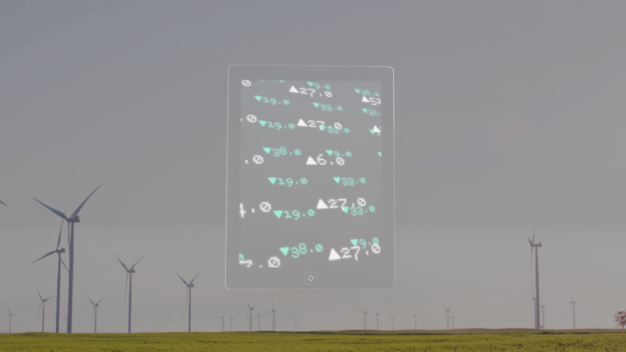 태블릿 인터페이스는 풍력 터빈을 통해 데이터 애니메이션을 제공합니다.