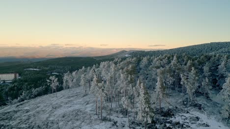 toma aérea ascendente volando sobre un bosque nevado en un paisaje montañoso en manzaneda, galicia