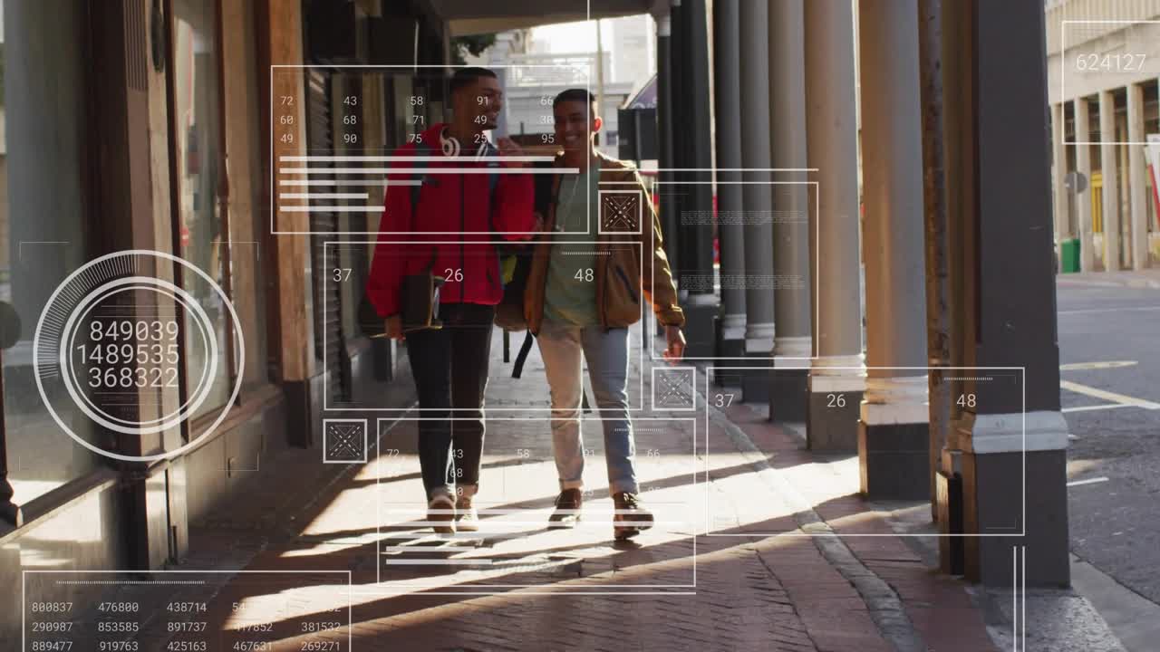 Two men walking forward under colonnade, causing HUD overlays sliding in and layering for tech demo