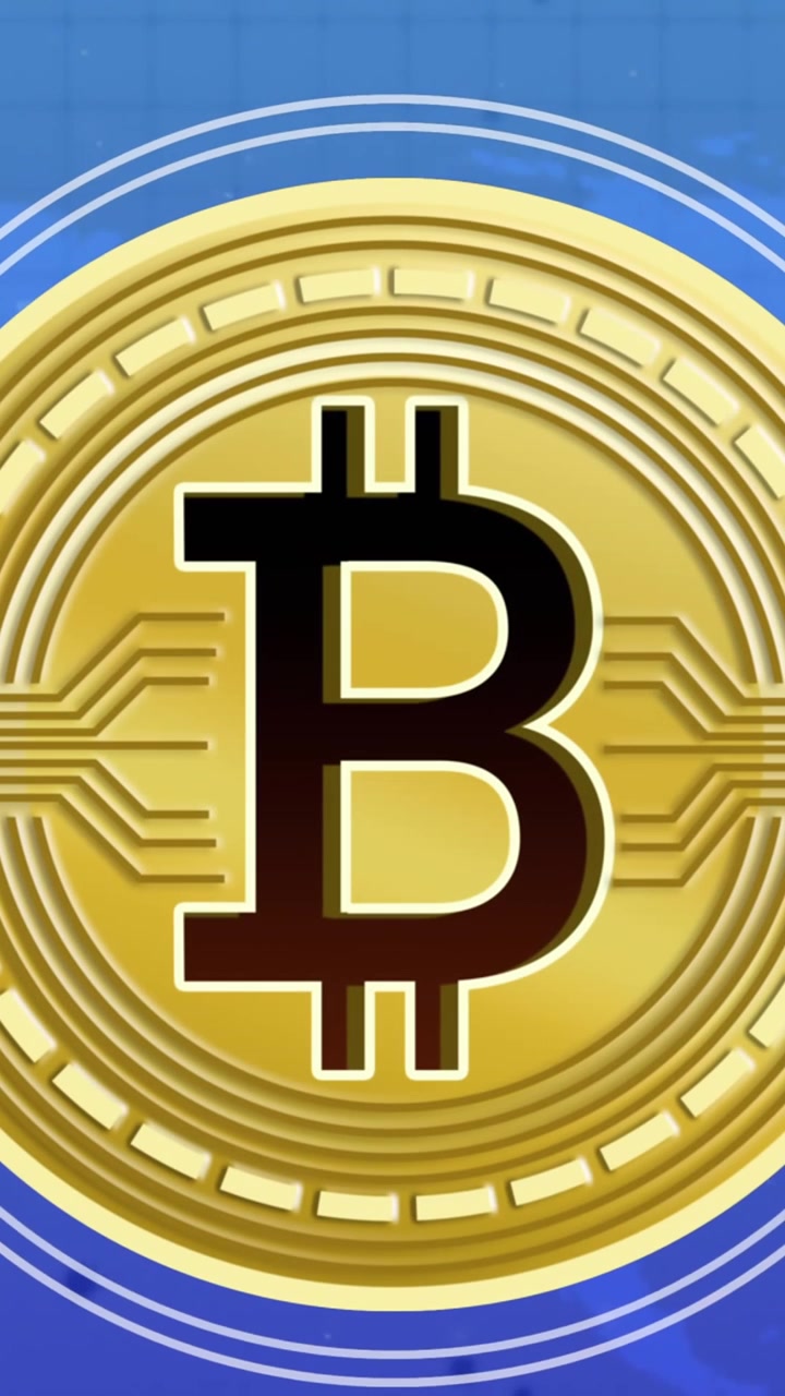 Animazione di bitcoin su una mappa del mondo, struttura del DNA che gira e globo su sfondo blu.