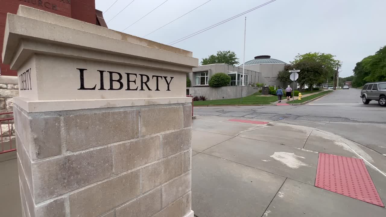 Slow Motion of the post across the street at Liberty Jail an Mormon Visitor Center in Liberty Missouri