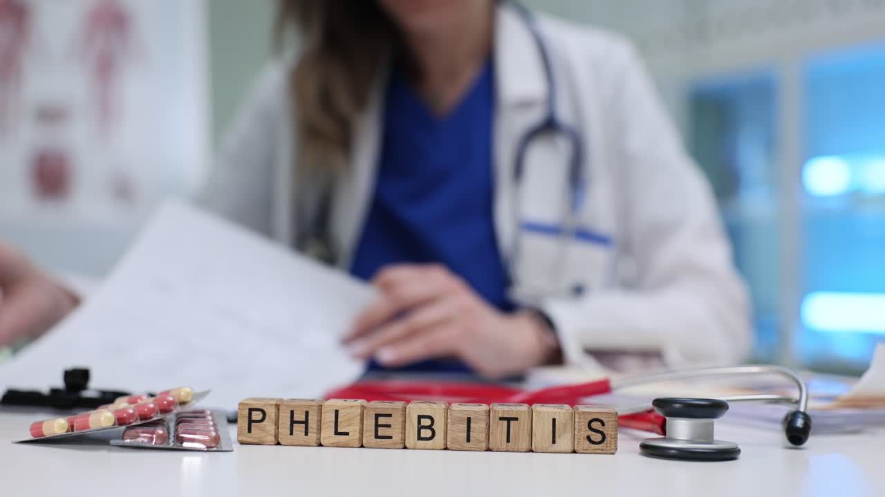 Medical professional with 'Phlebitis' blocks, medication, and stethoscope on desk