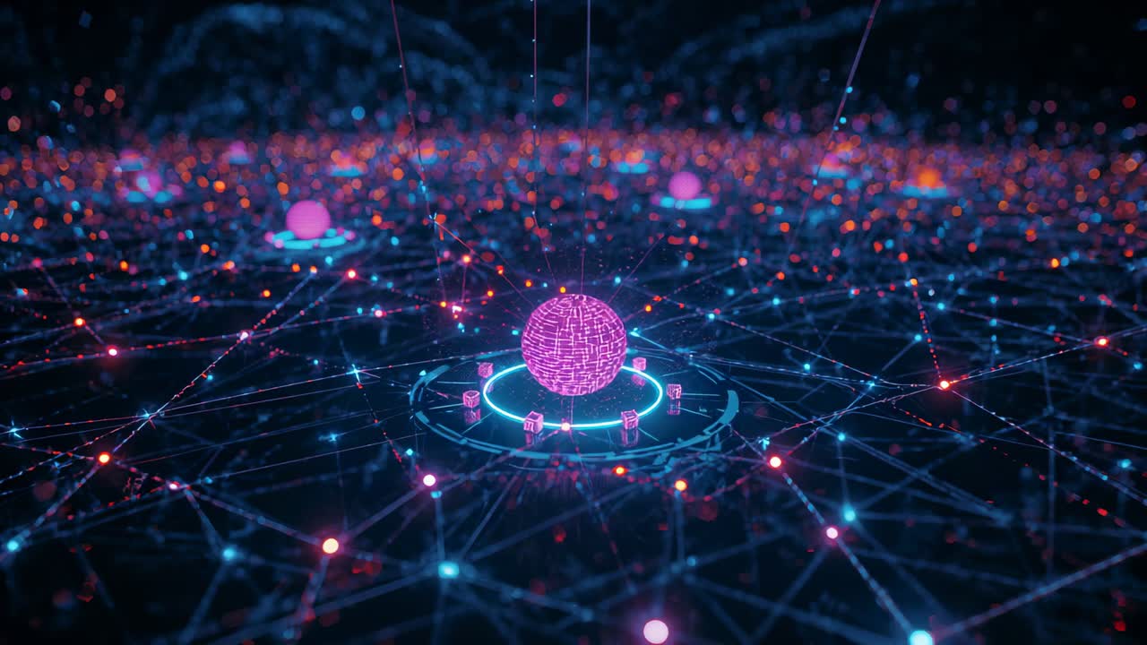 Grid intensifying, cyan ring forming and magenta orb emerging in data plane, pulsing data blocks