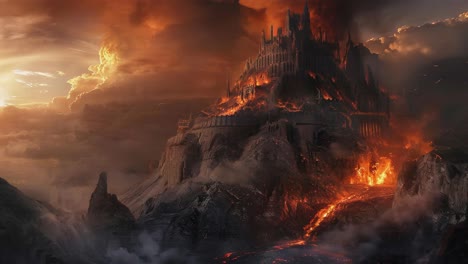 volcanic eruption destroying a mountaintop castle