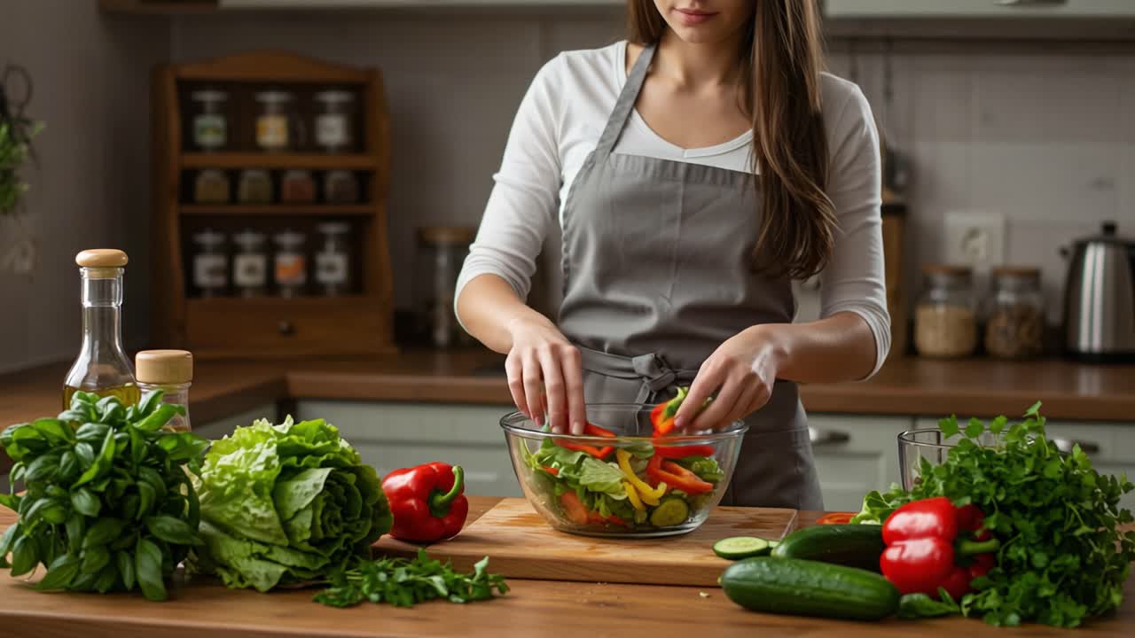 A Woman Preparing a Colorful Salad in a Modern Kitchen: Chopping Fresh Vegetables and Mixing Ingredients for a Healthy Meal Education