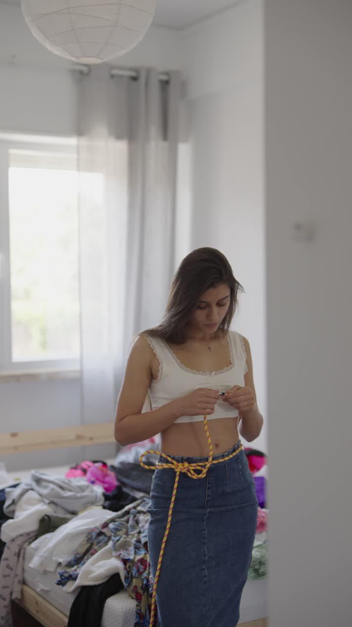 Woman Measuring Waist in Bedroom