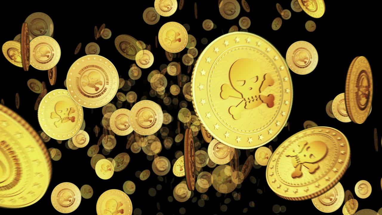 piratería cráneo cibercrimen y hacking vuelo en bucle entre monedas de oro