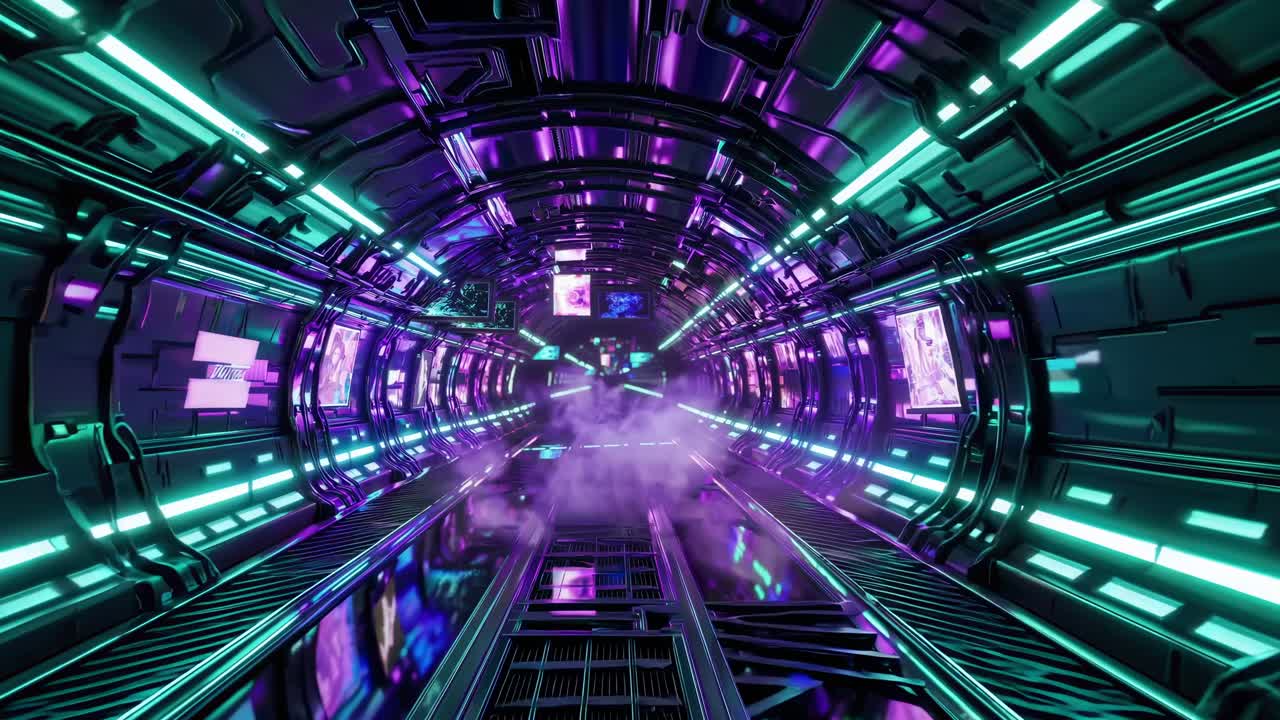 Futuristic neon cyberpunk tunnel glowing with purple and turquoise lights, illuminating a smoky corridor filled with abstract digital screens, creating a captivating atmosphere