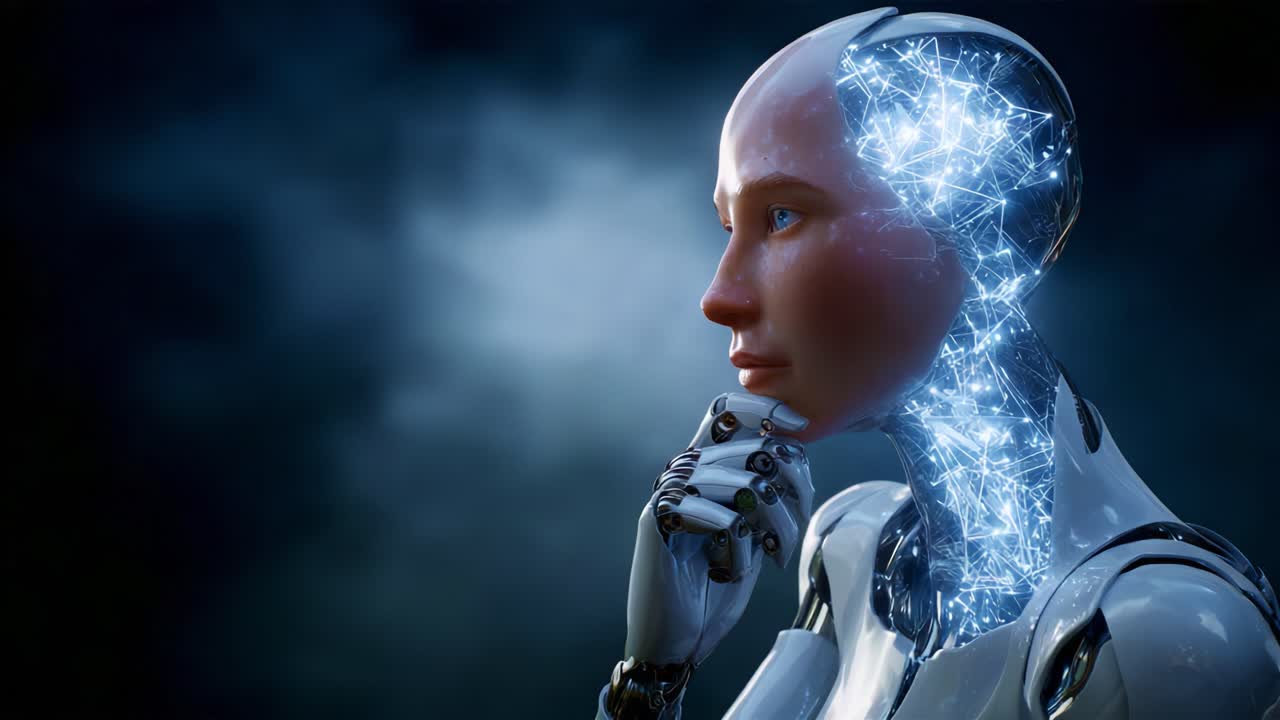An Introspective Robotic Figure with Illuminated Neural Connections, Contemplating the Future of Technology and Artificial Intelligence in a Mystical Atmosphere