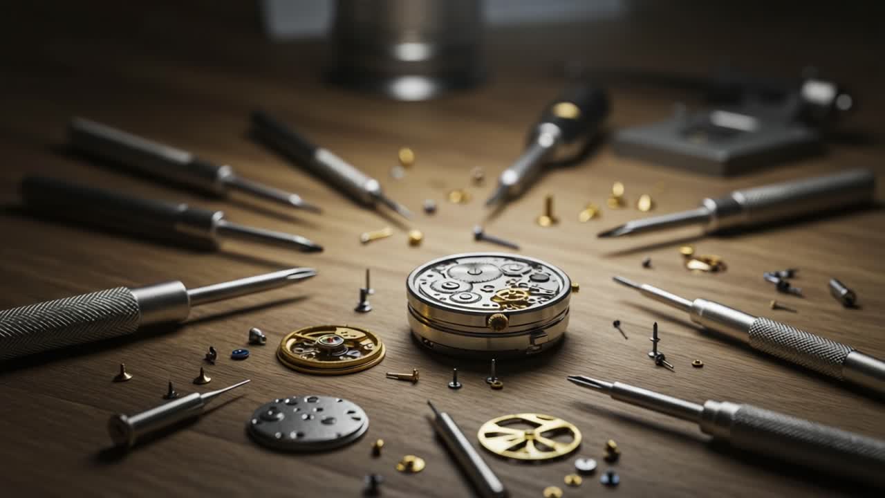 An Intricate Look into Watchmaking: Craftsmanship and Precision in Horology Showcased Through Tools and Components