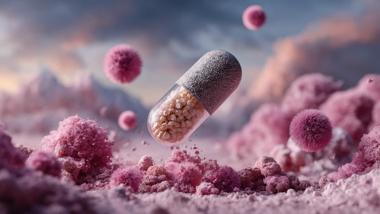 A Stunning Representation of Microorganisms and Pharmaceutical Innovation: The Journey of a Pill Surrounded by Vibrant Pink Bacteria and Fungi in a Mystical Landscape