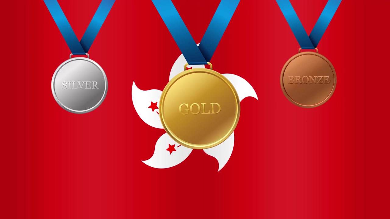 Heiluva Hongkongin lipun tausta kulta-, hopea- ja pronssimitaleilla sinisissä nauhoissa.