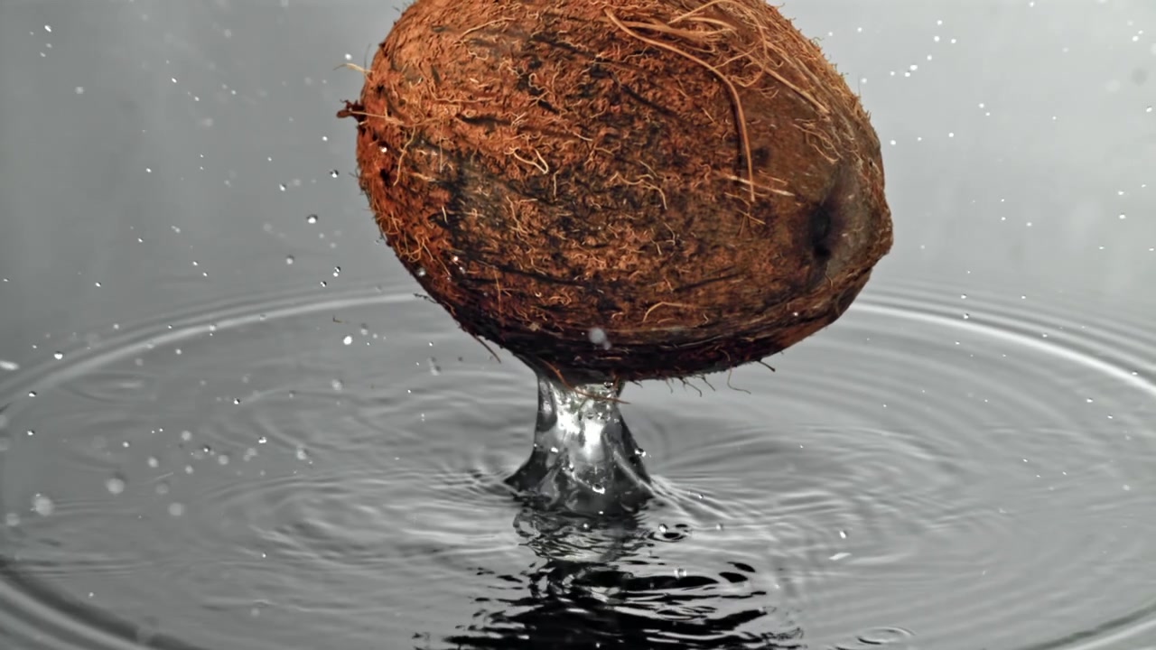 Close-up Slow Motion of Coconut Dropping into Water