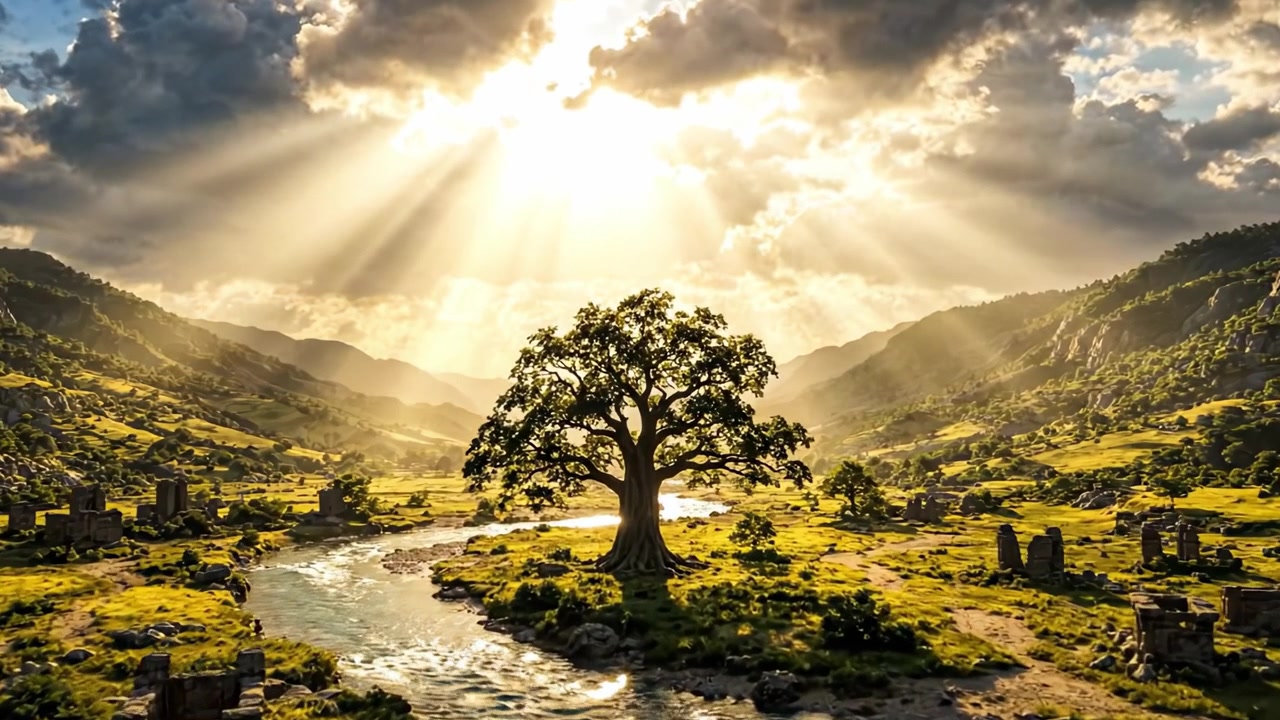 Paisagem Majestosa com uma Árvore Antiga Iluminada por Raios de Sol Radiantes, Com Vista para um Rio Sereno e Vales Verdes Exuberantes ao Anoitecer.