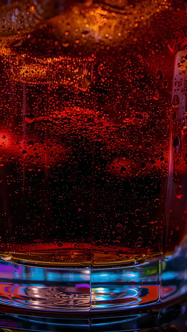 Vertical video: Framing glass tumbler showing cola releasing bubbles droplets sliding ice at bar