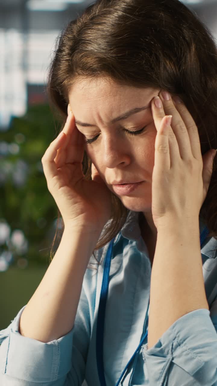 Vertical video Woman suffering from migraine at work, reading medication prescription