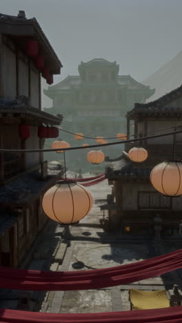 a foggy street in a chinese town with traditional lanterns hanging from the buildings