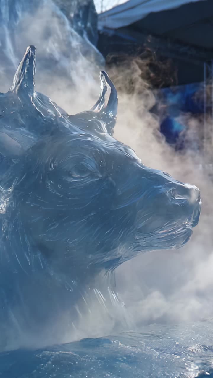 Intricately Carved Ice Sculpture of a Bull Surrounded by Mist, Capturing the Artistry and Craftsmanship of Ice Artists in a Creative Winter Display
